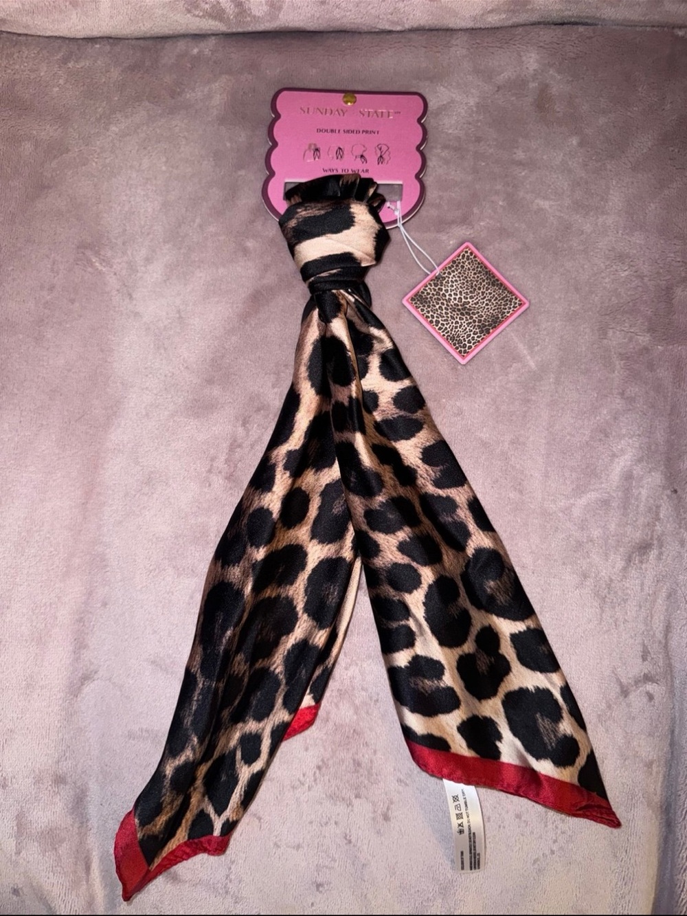 NWT Piper K Leopard Print Satin Scarf with Red Trim